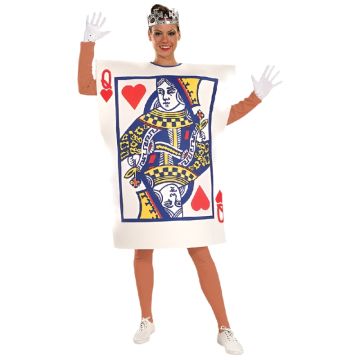 Adult Queen of Hearts playing card costume tunic with printed court card graphic and silver crown