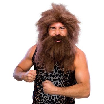 Adult brown caveman wig and full beard set with wild shaggy texture