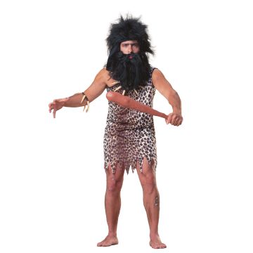 Adult caveman costume tunic with leopard print and one-shoulder design