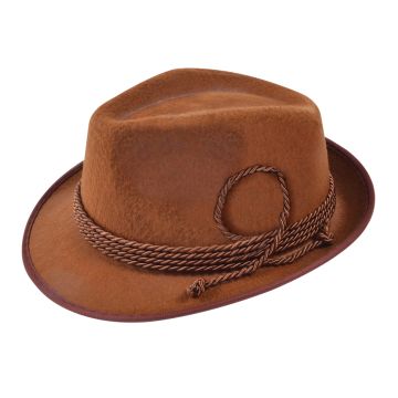 Brown felt western hat with rope cord band and burgundy brim trim