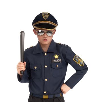 Kids navy police officer costume set with embroidered badge and peaked cap