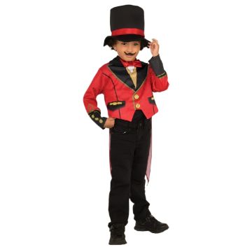 Child wearing red circus ringmaster costume with black top hat and coat tails