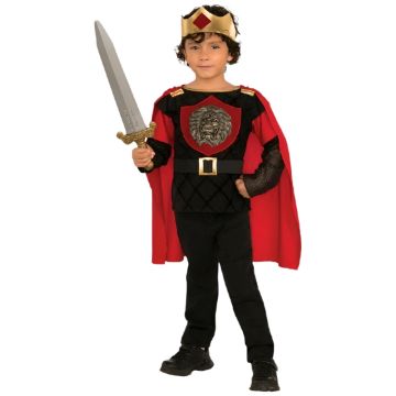 Boys medieval knight costume with lion crest shield and red cape