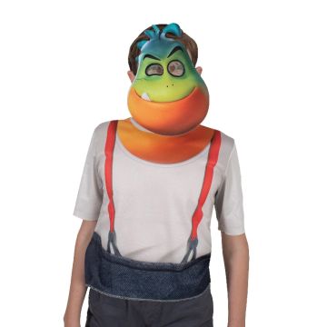 Kids wearing Mr Piranha costume with red suspenders printed top and turquoise mask