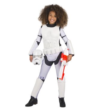 Kids Girls Stormtrooper Costume hero full front view - girl wearing complete jumpsuit with armour pieces, helmet and toy blaster