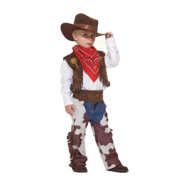 Kids cowboy costume with brown vest, cowhide chaps, red bandana and foam hat