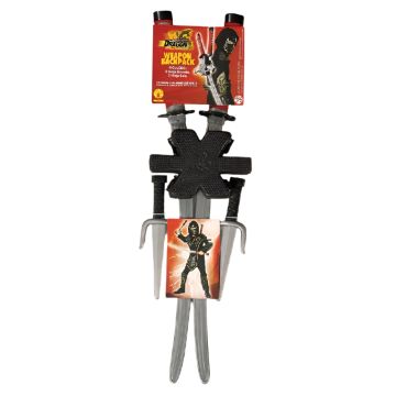 Kids Dragon Ninja weapon set with black shoulder harness holding two swords and two sai daggers