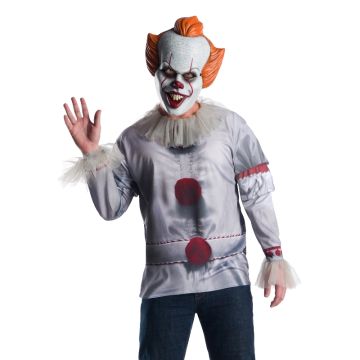 Mens Pennywise horror costume top with attached tulle collar and fabric pom poms