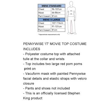 Adult Pennywise IT Clown Costume Top with Mask - Licensed Horror Set