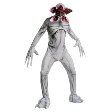 Mens Demogorgon costume full body view showing grey jumpsuit with burgundy petal mask