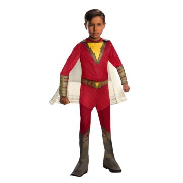 Kids Shazam superhero costume with red jumpsuit, gold lightning bolt emblem and hooded cape