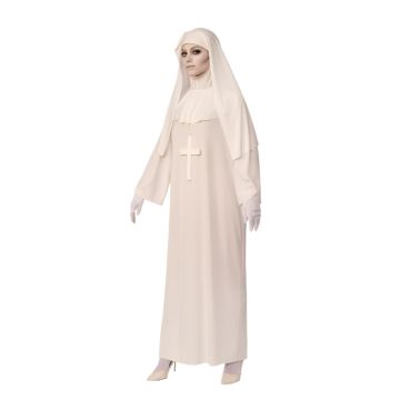 Haunted asylum nun costume back view displaying flowing robe and integrated veil collar