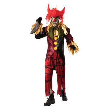 Adult horror clown costume with skull mask, satin jacket with jagged gold collar, red barbed-wire print pants, and spiked red wig