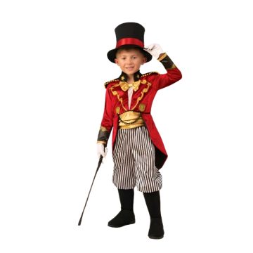 Child wearing red-and-gold circus ringmaster costume with tailed jacket and top hat