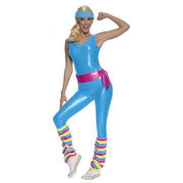 Womens Barbie Exercise Costume - 80s Aerobics Bodysuit with Leg Warmers