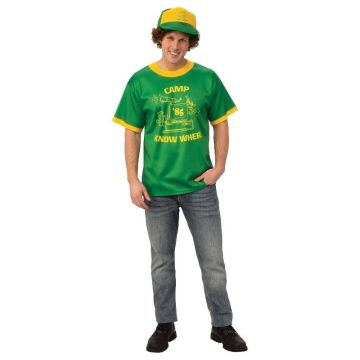 Adult Stranger Things Dustin Camp Know Where green t-shirt with yellow trim and 85 graphics