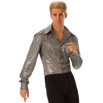 Boogie Costume Adult Mens Silver Disco Shirt - 70s Sequin Dance Top