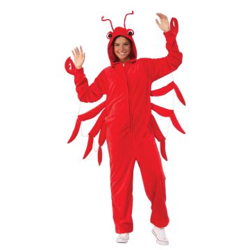 Adult red lobster costume onesie with hood and wire antennae