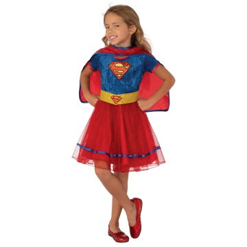 Girls deluxe Supergirl costume dress with blue velour bodice, red glitter tutu skirt, gold belt, detachable cape