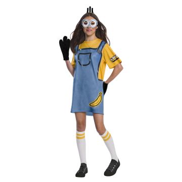 Teen wearing oversized Minions T-shirt dress costume with blue printed overalls and yellow base