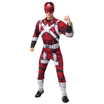 Adult Red Guardian deluxe muscle costume with printed jumpsuit and metallic mask