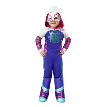 Toddler wearing Ghost Spider costume with attached boot tops and foam-backed mask