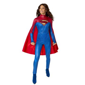 Womens Supergirl costume jumpsuit with digital print and red cape