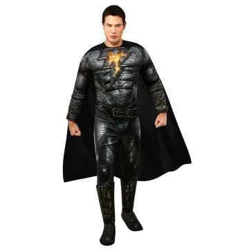 Adult Black Adam deluxe costume with muscle jumpsuit and gold lightning bolt emblem