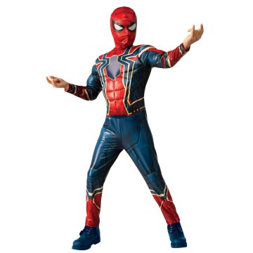 Kids Iron Spider muscle costume with navy and red jumpsuit and gold trim