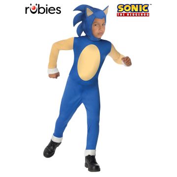 Kids Sonic the Hedgehog costume - child wearing blue jumpsuit with tan belly patch and spiky headpiece