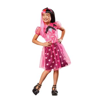 Monster High costume with black satin bow, bat-wing detail and character emblem