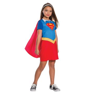 Girls Supergirl costume dress with red cape and blue bodice featuring Superman emblem