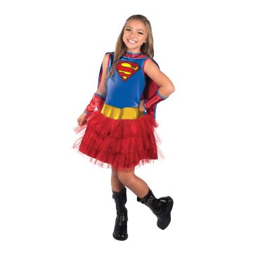 Girls Supergirl tutu dress costume with red cape and printed emblem