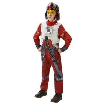 Kids Boys X-Wing Fighter Deluxe Costume hero full front view - child wearing orange Resistance pilot jumpsuit with 3D chest piece, harness pants and X-Wing pilot helmet mask