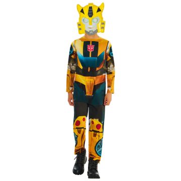 Kids Bumblebee Transformers costume full-body yellow jumpsuit with digitally printed robot armor graphics and red Autobot chest insignia