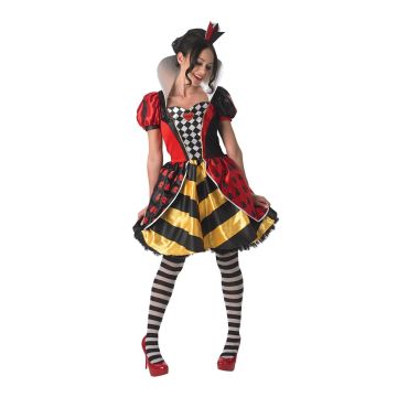 Full-length Queen of Hearts dress with puffed sleeves and striped satin underlay