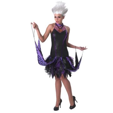 Adult sea witch costume with layered black skirt and silver glitter lace detail