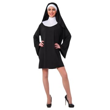 Adult nun costume with black robe, white habit and veil headpiece