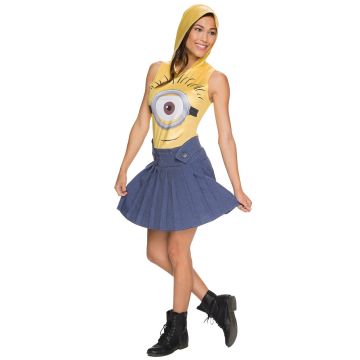 Adult Minions costume hooded dress with yellow bodice and printed goggle eye