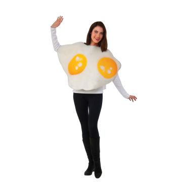 Adult wearing fried eggs costume tunic with two realistic yellow yolks