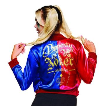 Ladies Harley Quinn Costume Jacket - Red & Blue Satin Bomber with Joker Text