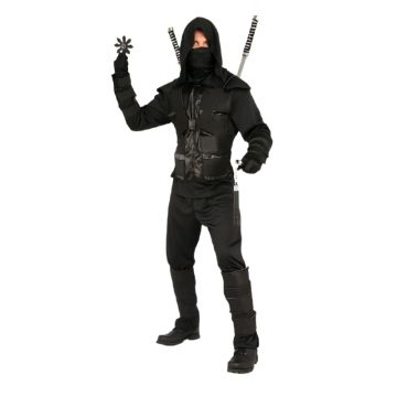 Adult shadow ninja warrior costume with hooded vest and dual sword harness on back