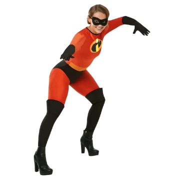 Womens Mrs Incredible costume with red jumpsuit and black mask
