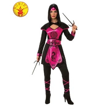 Ladies Ninja Costume - Black & Pink Warrior Dress with Hood and Leggings