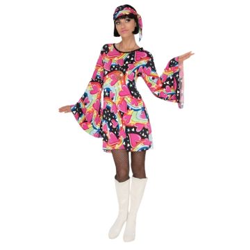 Womens 1960s go-go dancer costume with psychedelic heart print mini dress and matching headscarf