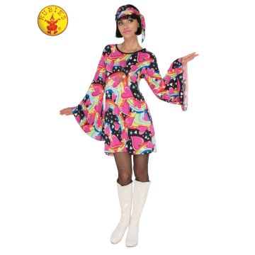 Womens 1960s Go-Go Dancer Costume - Psychedelic Mini Dress with Headscarf