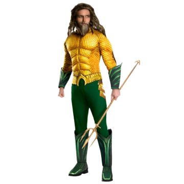 Adult Aquaman deluxe costume with metallic gold muscle chest jumpsuit and green pants