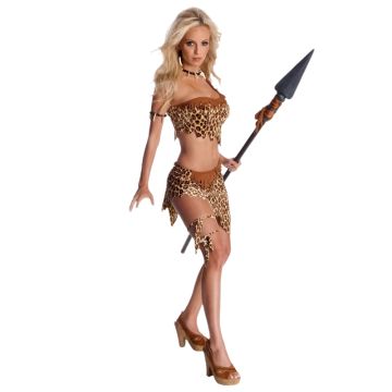 Womens Tarzan costume with leopard print velour top and asymmetrical skirt