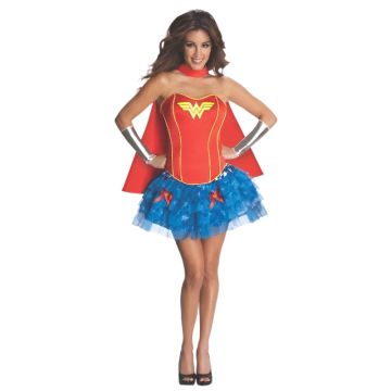 Adult Wonder Woman Deluxe Corset Costume with Cape and Tutu Skirt
