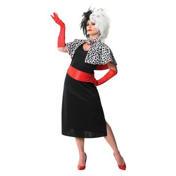 Womens Evil Madame Cruella De Ville 101 Dalmations Fancy Dress Costume ＋ Cigarette Holder + Wigs